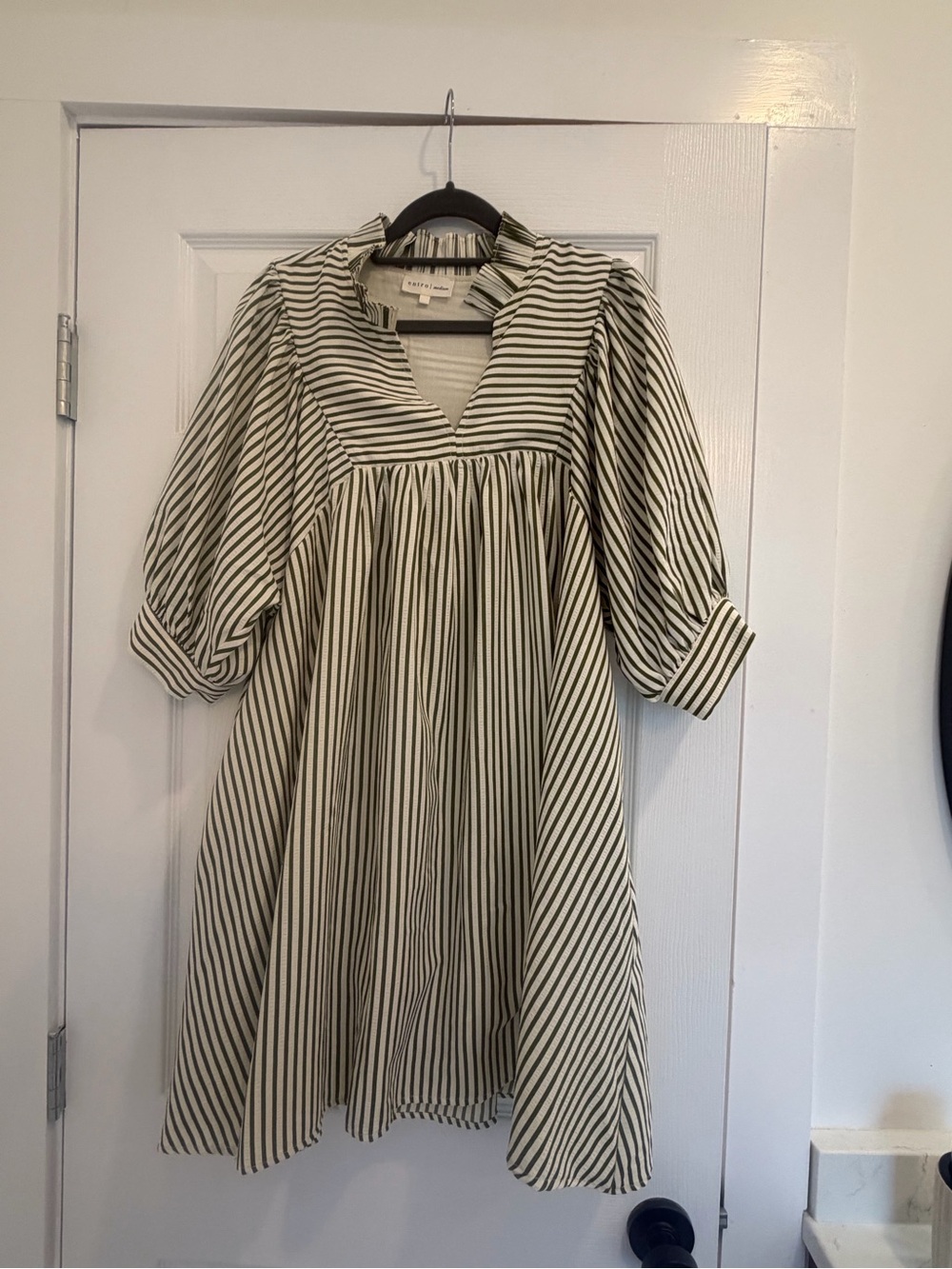 Entro Striped V-Neck Puff Sleeve Dress - green & Cream